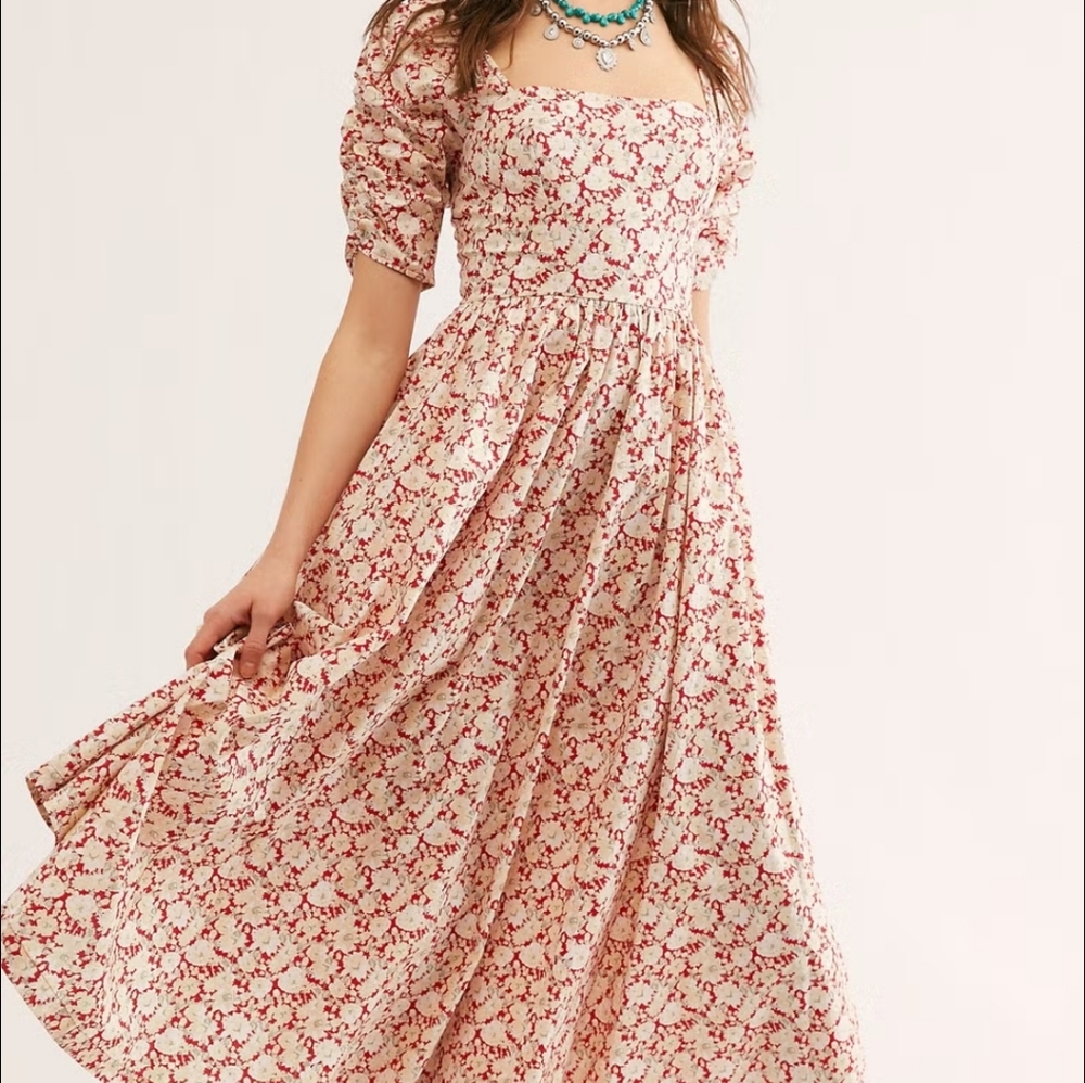 Free People Red and White Floral Midi Dress